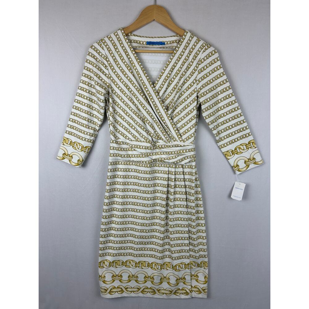 J. McLaughlin Brea Wrap White Dress Gold Chainlink 1/2 Sleeve Women's Size XS